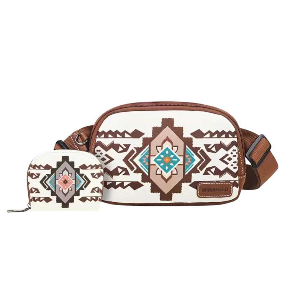 Wan & Kelo Aztec Canvas Crossbody Bag Card Holder Set White Western Boho New